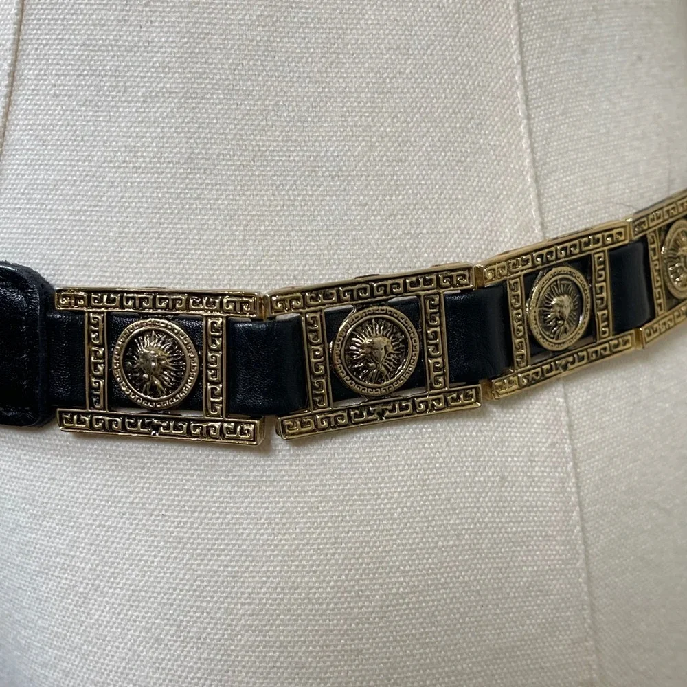 Vintage Ekin Deri Belt Women Black Gold Medusa Lion Head Greek Key Baroque